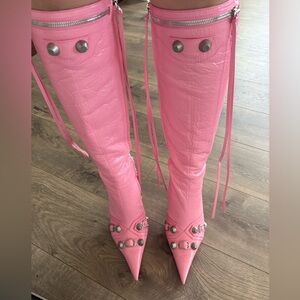 Balenciaga Pink Pointed Toe Knee-High Studded Boots